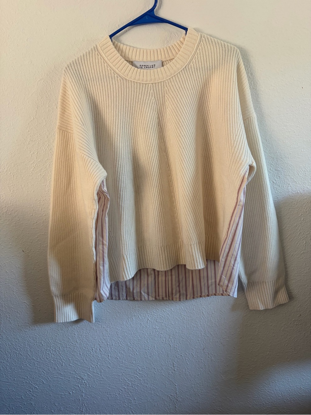 10 Crosby Derek Lam Cream Ribbed Crewneck Sweater with Striped Shirt Hem